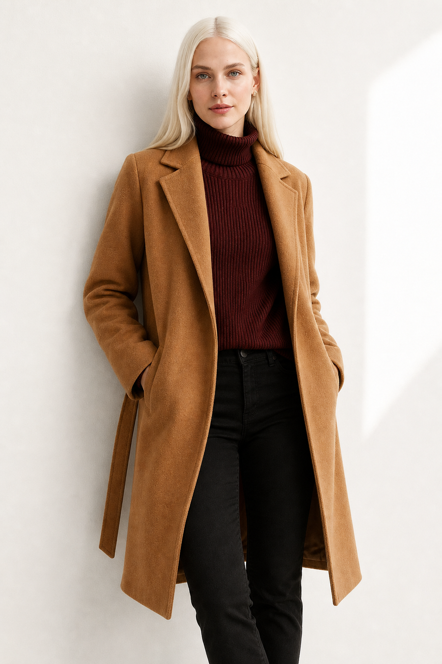 Olivia long belted wool coat for women by Christine Brewer, featuring a tailored fit and classic design in neutral wool fabric.