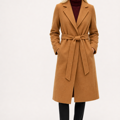 Olivia long belted wool coat for women by Christine Brewer, featuring a classic design and tailored fit in neutral fabric.