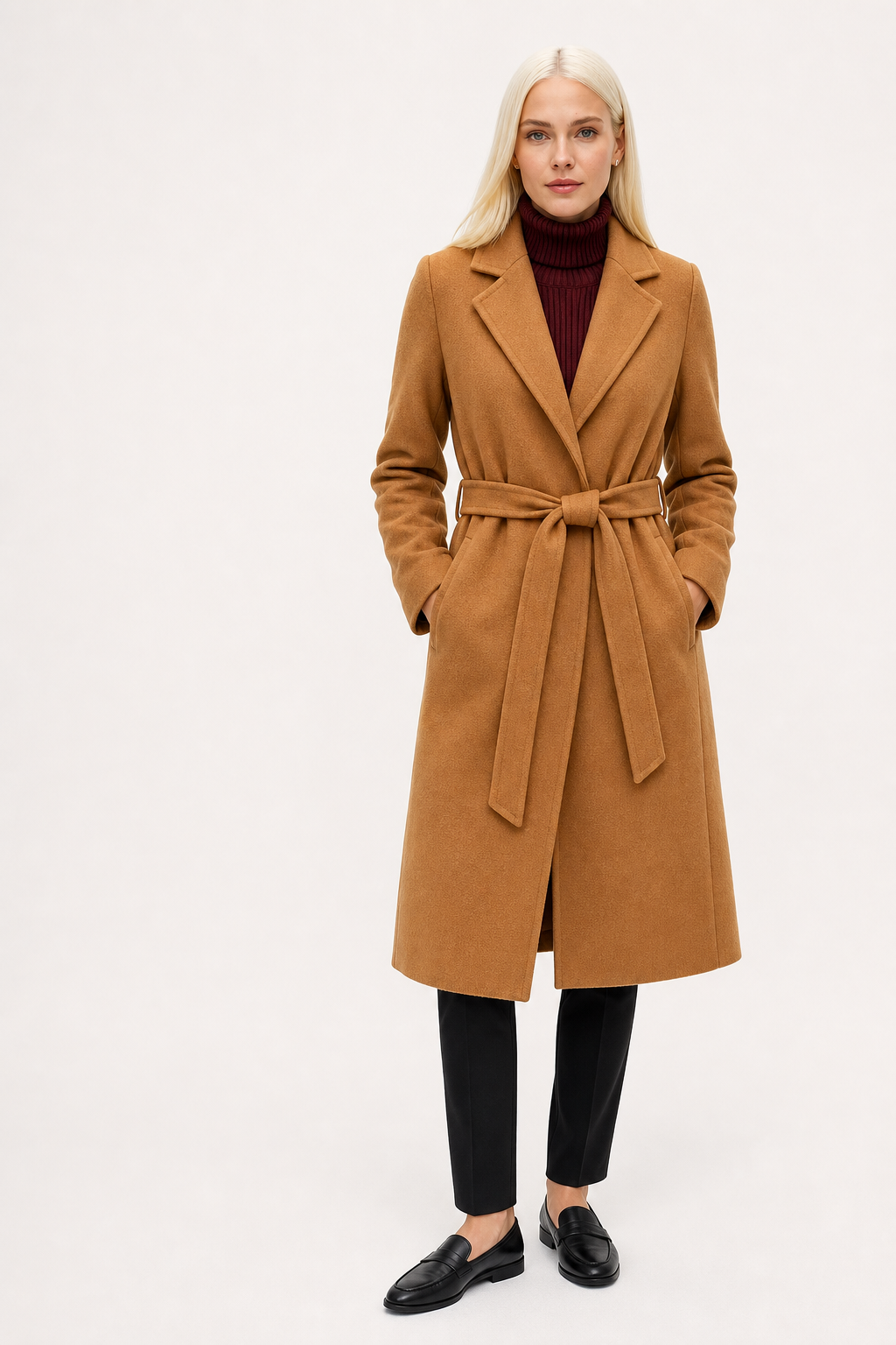 Olivia long belted wool coat for women by Christine Brewer, featuring a classic design and tailored fit in neutral fabric.