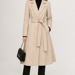 Long wool coat for women with belt, Olivia by Christine Brewer, featuring a tailored fit and classic style in neutral tones.
