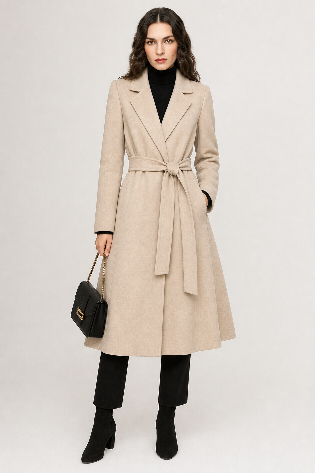 Long wool coat for women with belt, Olivia by Christine Brewer, featuring a tailored fit and classic style in neutral tones.