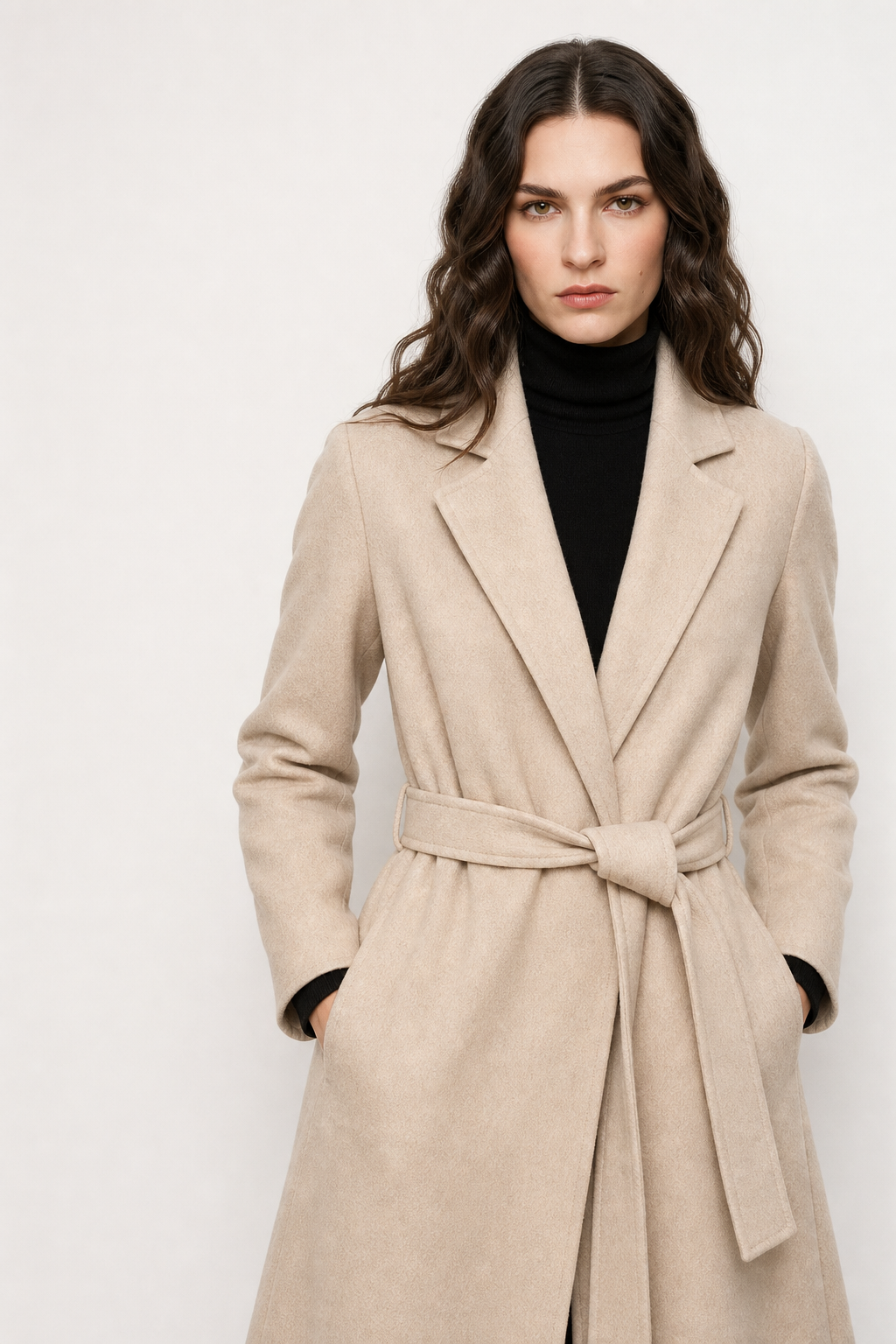 Olivia long belted wool coat for women by Christine Brewer, featuring a classic design and tailored fit, shown on a model.