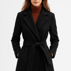 Olivia long belted wool coat for women by Christine Brewer, featuring a tailored fit and classic design, shown on a model.