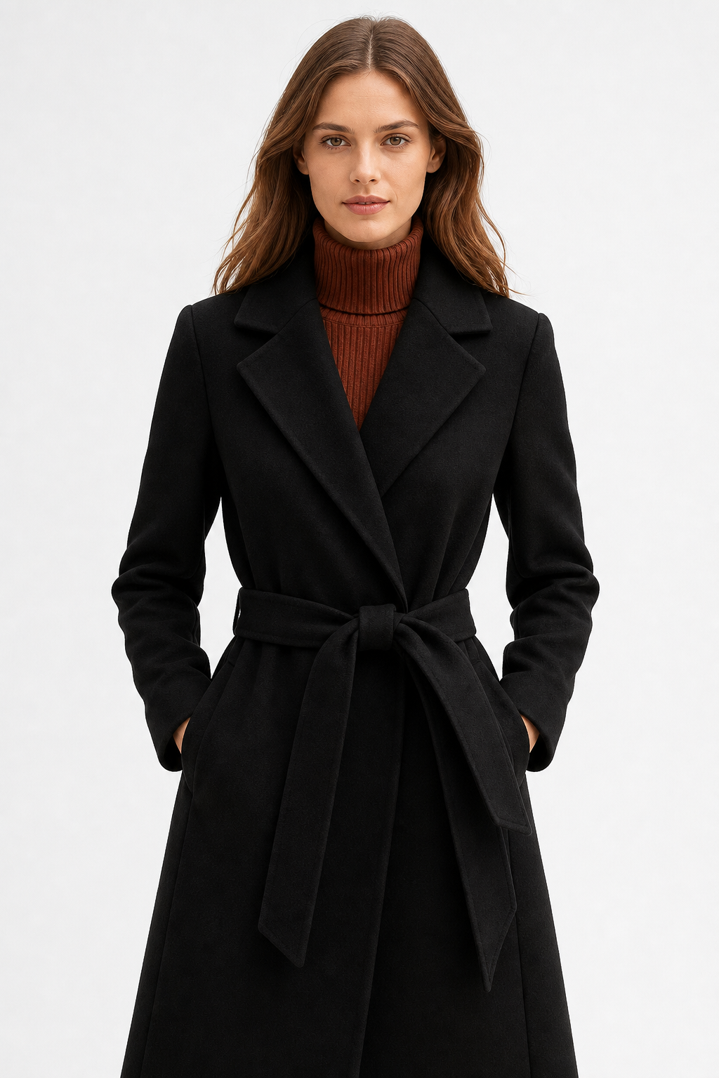 Olivia long belted wool coat for women by Christine Brewer, featuring a tailored fit and classic design, shown on a model.