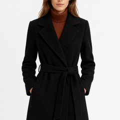 Olivia long belted wool coat for women by Christine Brewer, featuring a tailored fit and classic design in a neutral color.