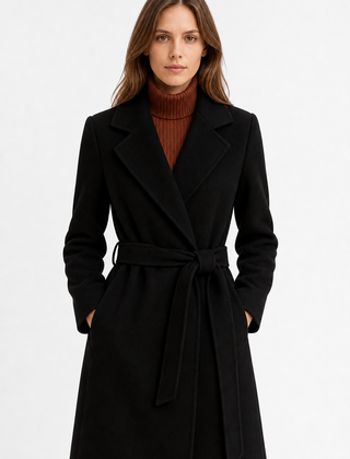 Olivia long belted wool coat for women by Christine Brewer, featuring a tailored fit and classic design in a neutral color.