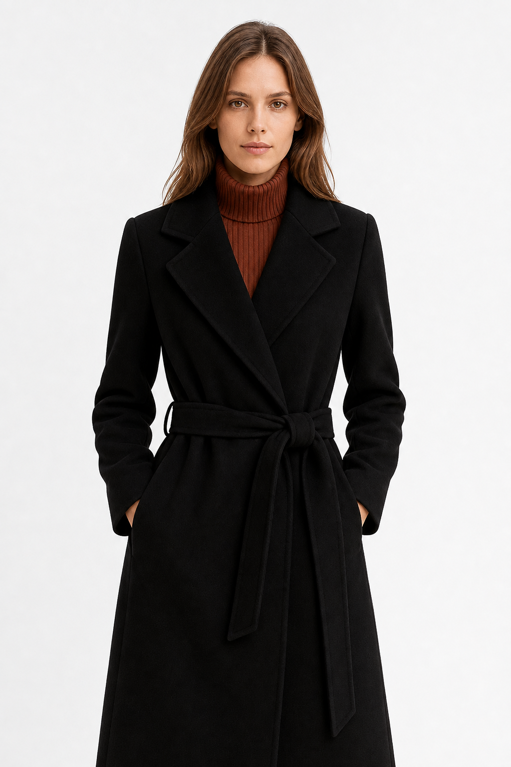 Olivia long belted wool coat for women by Christine Brewer, featuring a tailored fit and classic design in a neutral color.