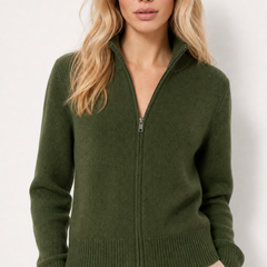 Wool zip-up cardigan for women by Christine Brewer, featuring a classic jean-style design and a comfortable fit.