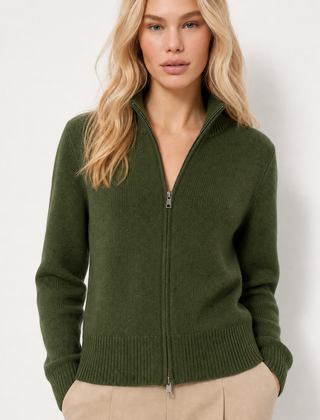 Wool zip-up cardigan for women by Christine Brewer, featuring a classic jean-style design and a comfortable fit.