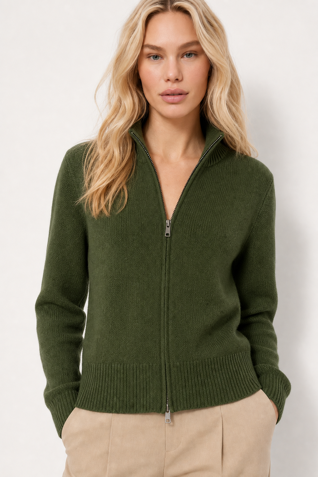 Wool zip-up cardigan for women by Christine Brewer, featuring a classic jean-style design and a comfortable fit.