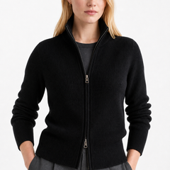 Women’s wool zip-up cardigan by Christine Brewer featuring classic jean styling and a front zipper, ideal for cozy, casual wear.