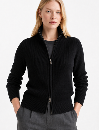 Women’s wool zip-up cardigan by Christine Brewer featuring classic jean styling and a front zipper, ideal for cozy, casual wear.