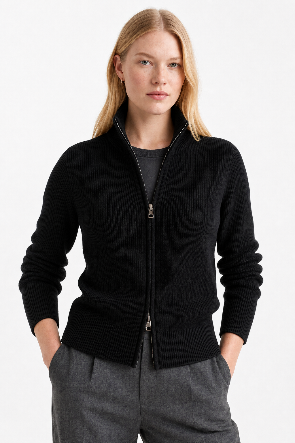 Women’s wool zip-up cardigan by Christine Brewer featuring classic jean styling and a front zipper, ideal for cozy, casual wear.