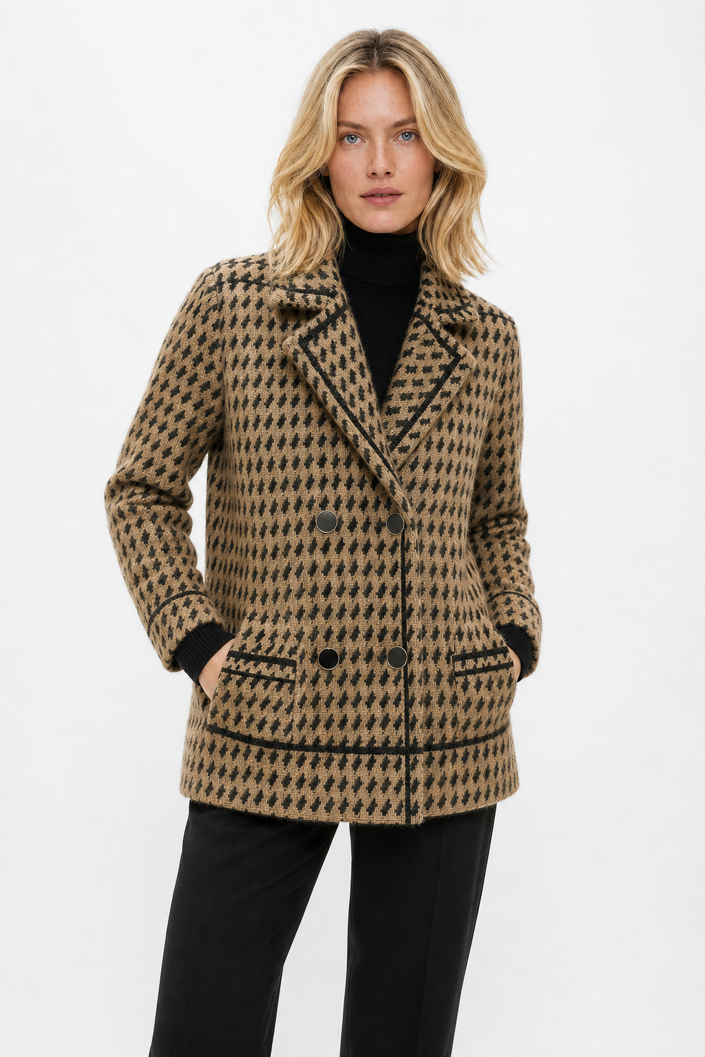 Christine Brewer Isabella cropped double-breasted knit cardigan for women, showcasing the textured knit fabric and stylish design.