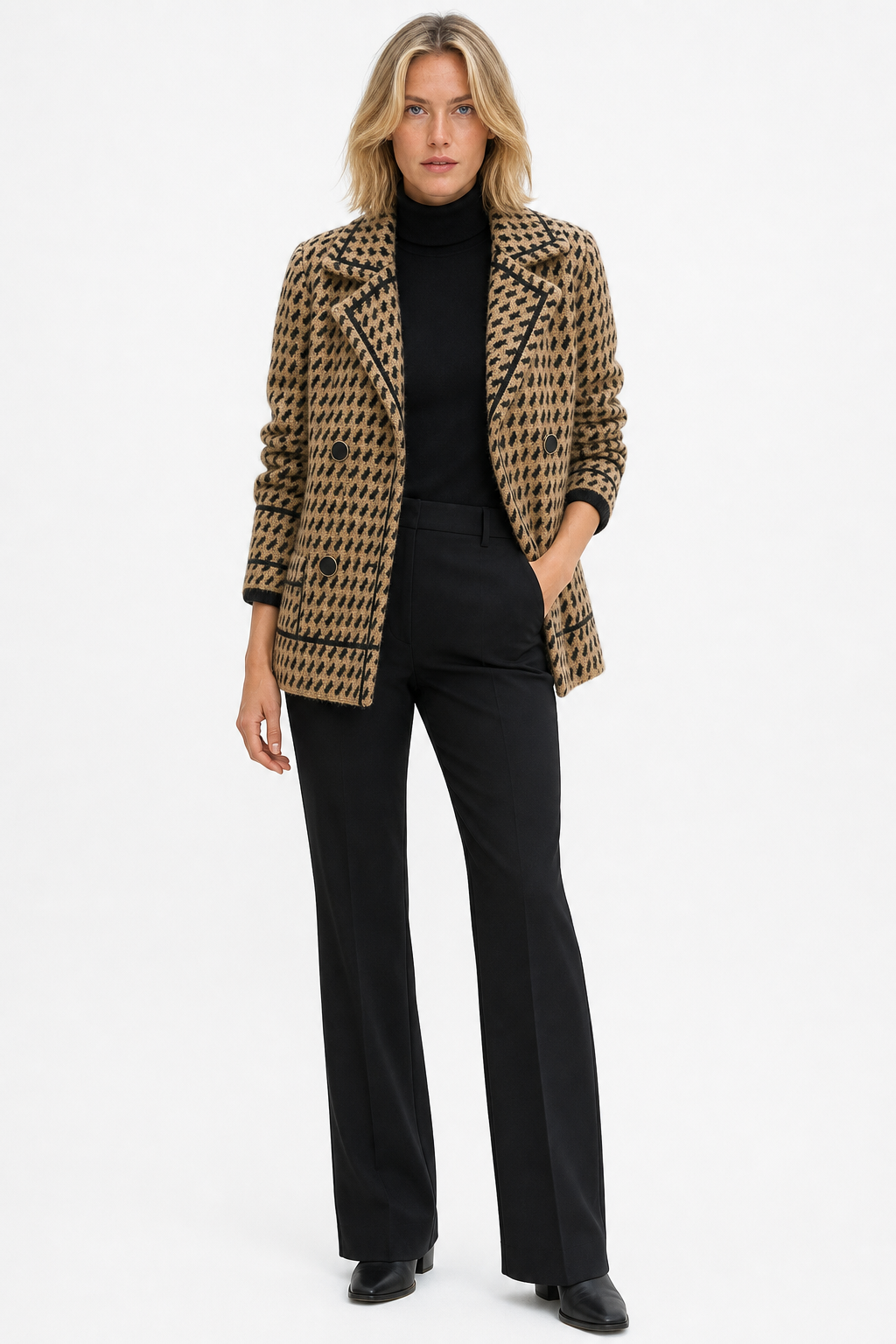 Isabella cropped double-breasted knit cardigan for women by Christine Brewer, featuring a cozy knit fabric and stylish fit.