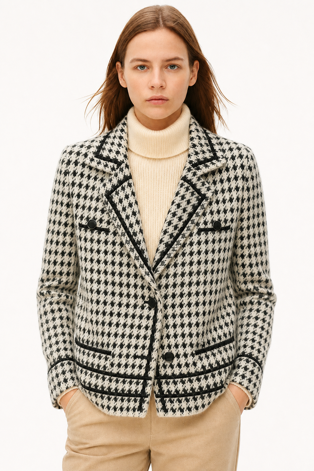 Isabella Christine Brewer women's cropped double-breasted knit cardigan with long sleeves and button details, in soft neutral tones.