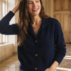 Christina cashmere high neck cardigan for women by Christine Brewer, featuring a soft, cozy knit fabric and a stylish high neckline.