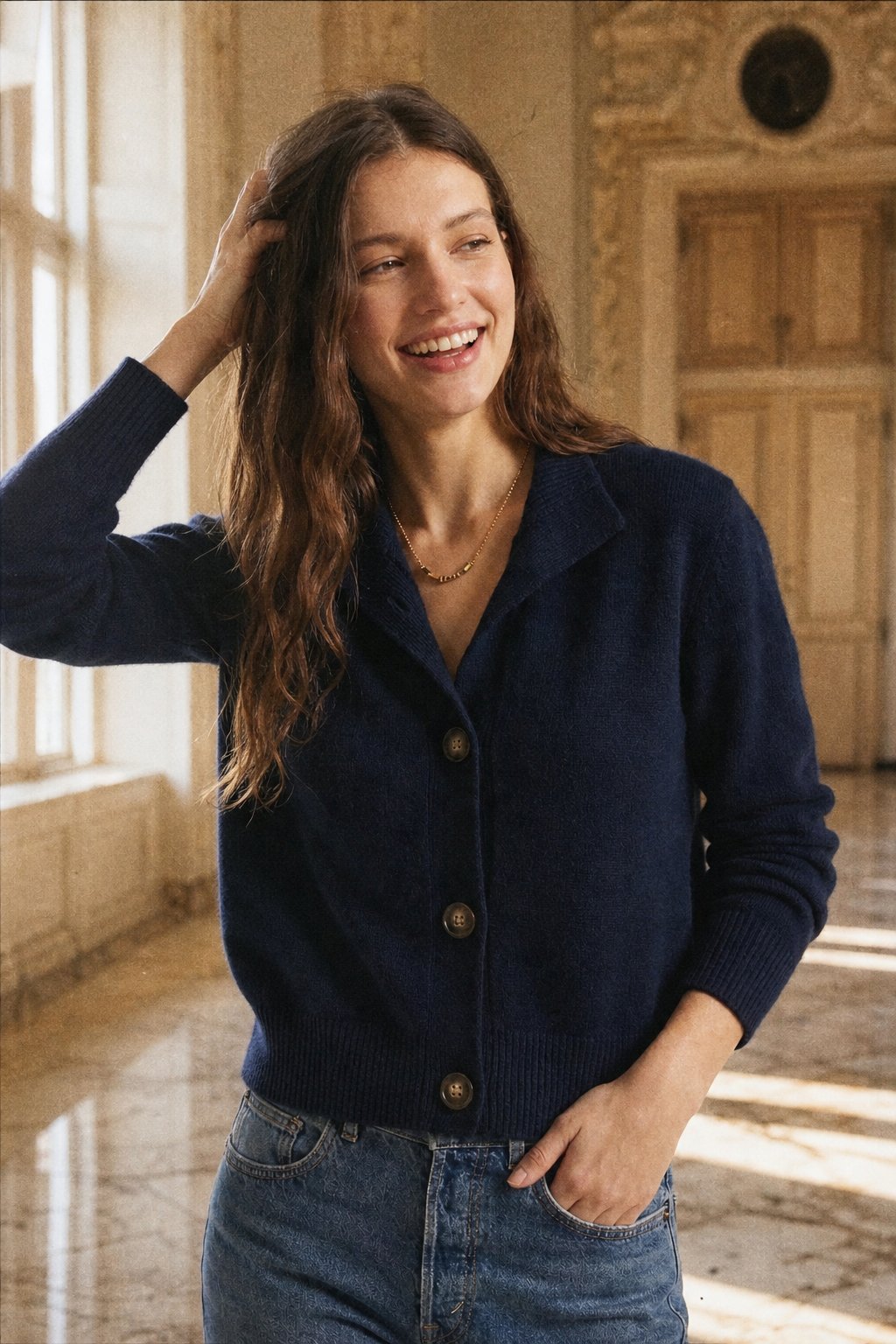 Christina cashmere high neck cardigan for women by Christine Brewer, featuring a soft, cozy knit fabric and a stylish high neckline.