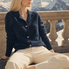 Christina cashmere high neck cardigan for women by Christine Brewer, shown in a stylish, cozy beige knit with a high collar.