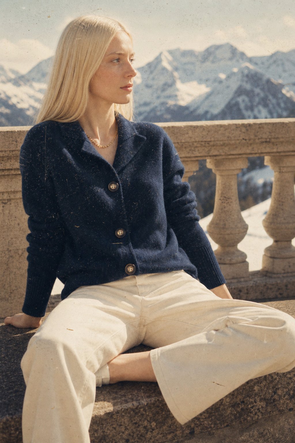 Christina cashmere high neck cardigan for women by Christine Brewer, shown in a stylish, cozy beige knit with a high collar.