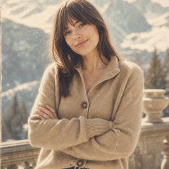 Christina cashmere high neck cardigan for women by Christine Brewer, featuring a soft, cozy knit and elegant high collar.