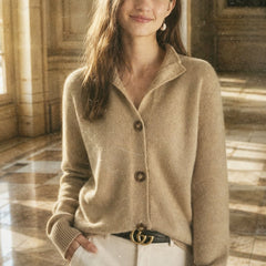 Christina cashmere high neck cardigan for women, in a soft, cozy knit, featuring a stylish high neckline and long sleeves.