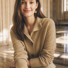 Christina cashmere high neck women's cardigan by Christine Brewer, soft knit, fitted style, in a neutral color.