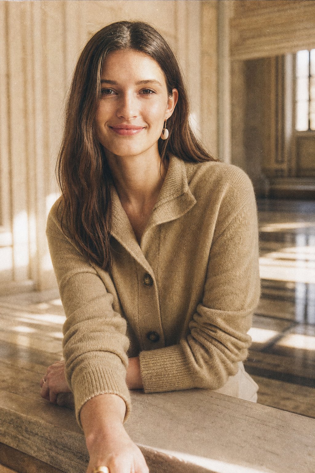 Christina cashmere high neck women's cardigan by Christine Brewer, soft knit, fitted style, in a neutral color.