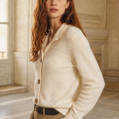 Christina cashmere high neck cardigan for women, soft knit in a classic design, by Christine Brewer, displayed in a cozy, neutral color.