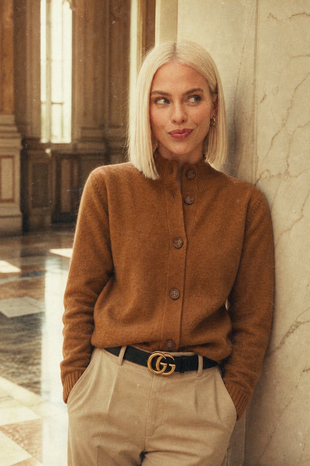 Christina Christine Brewer women's cashmere high neck cardigan in a soft, cozy knit, shown in a natural pose.