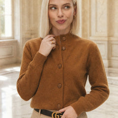 Christina cashmere high neck cardigan for women, soft beige color, featuring a cozy fit and elegant design by Christine Brewer.