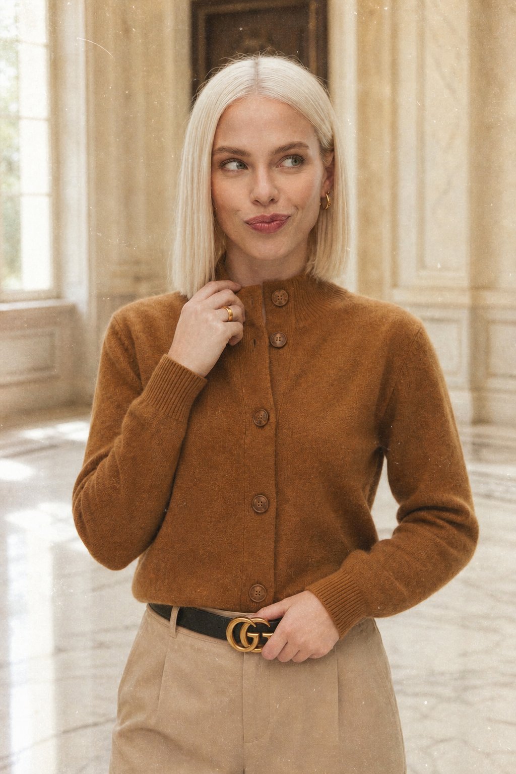 Christina cashmere high neck cardigan for women, soft beige color, featuring a cozy fit and elegant design by Christine Brewer.