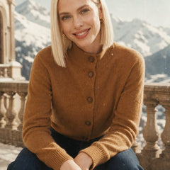 Christina cashmere high neck cardigan for women, featuring a soft knit fabric and a stylish, cozy design by Christine Brewer.