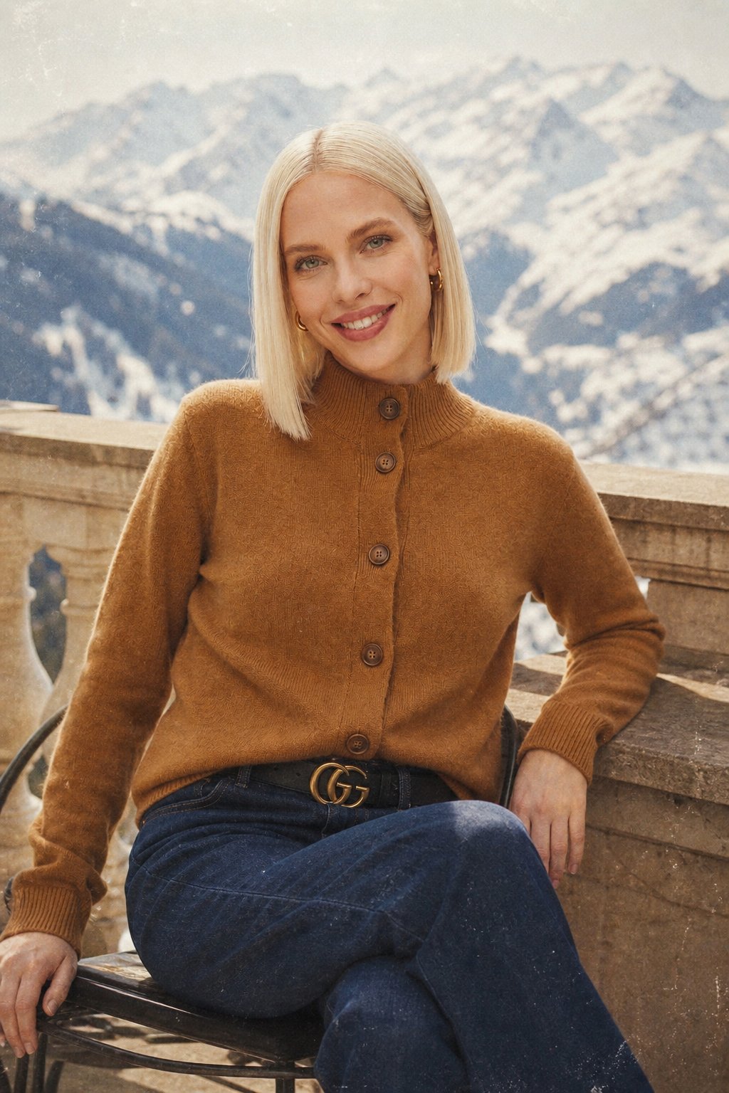 Christina Christine Brewer women's cashmere high neck cardigan, soft beige, cozy knit with long sleeves and button closure.