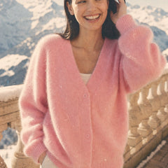 Oversized cashmere cardigan for women by Christine Brewer, featuring a cozy, soft knit in neutral tones.