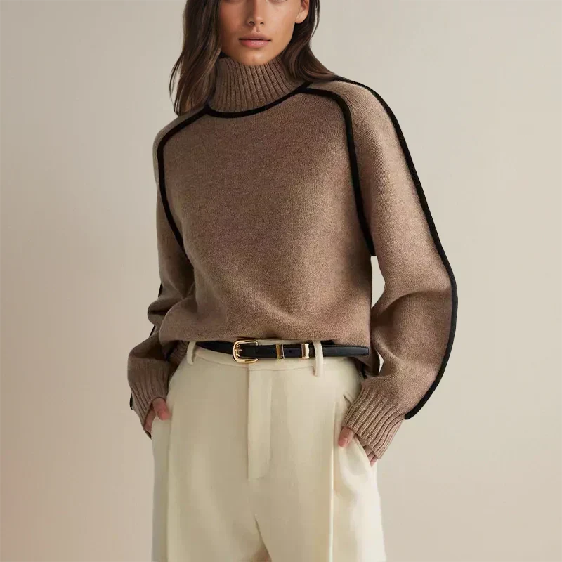 Christine Brewer Eva loose fit roll neck sweater in soft knit fabric, tailored chic style, shown in a relaxed fit on a model.