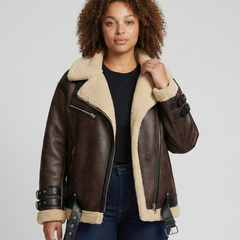 Eleanor faux leather moto jacket for women by Christine Brewer, featuring a classic style with zippers and structured fit.