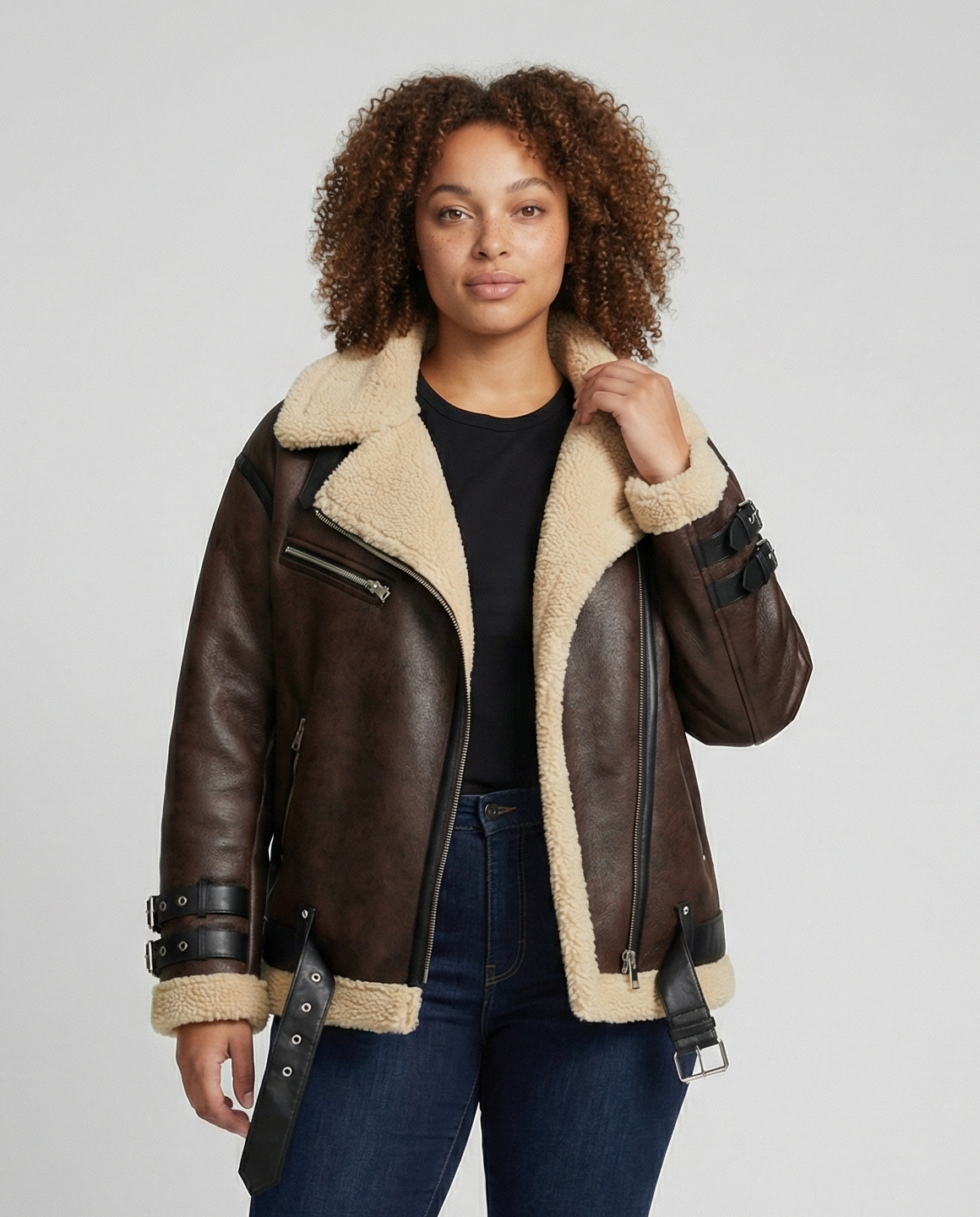 Eleanor faux leather moto jacket for women by Christine Brewer, featuring a classic style with zippers and structured fit.
