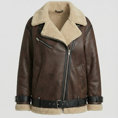 Brown faux leather moto jacket for women by Christine Brewer, featuring a stylish collar and zip details.