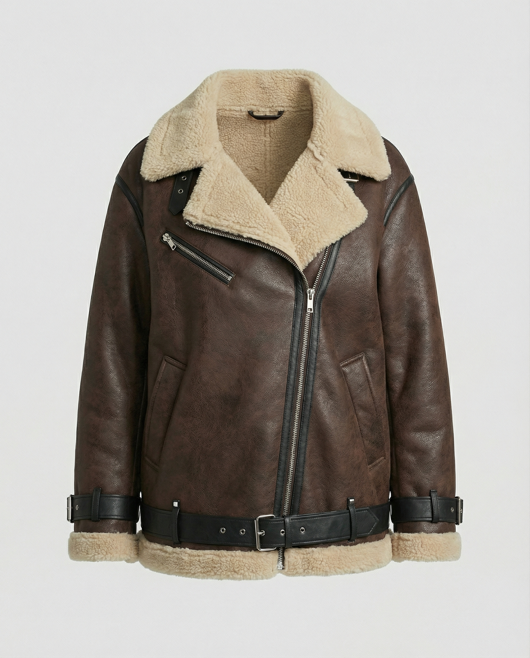 Brown faux leather moto jacket for women by Christine Brewer, featuring a stylish collar and zip details.