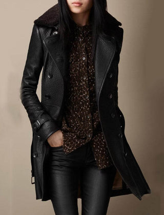 Longline faux leather jacket for women by Christine Brewer, featuring stylish design and tailored fit.
