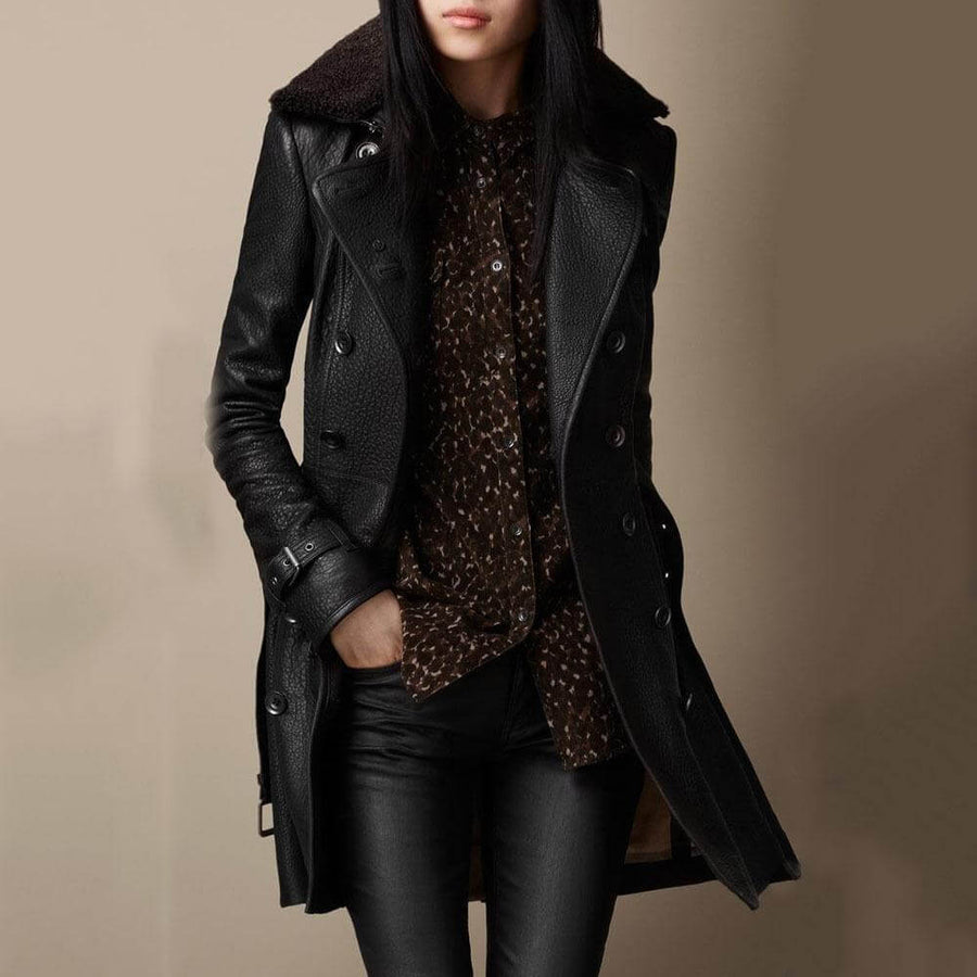 Longline faux leather jacket for women by Christine Brewer, featuring stylish design and tailored fit.