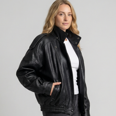 Willow asymmetric faux leather jacket for women by Christine Brewer, featuring a stylish, edgy design and tailored fit.