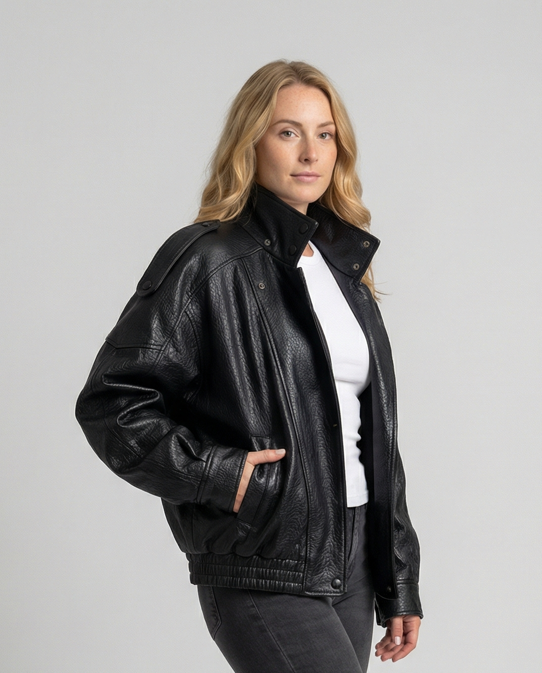 Willow asymmetric faux leather jacket for women by Christine Brewer, featuring a stylish, edgy design and tailored fit.