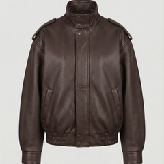 Brown asymmetric faux leather jacket for women by Christine Brewer, featuring a stylish, modern design and tailored fit.