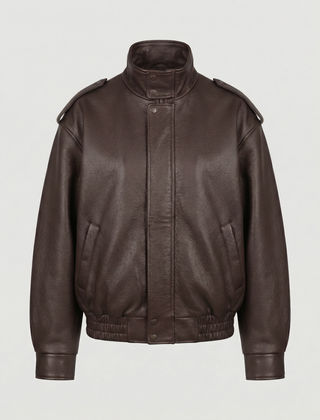 Brown asymmetric faux leather jacket for women by Christine Brewer, featuring a stylish, modern design and tailored fit.