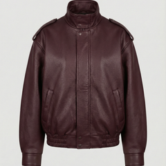 Red asymmetric faux leather jacket for women by Christine Brewer, featuring a stylish and modern design.