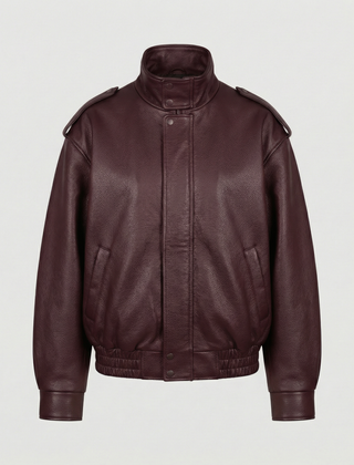 Red asymmetric faux leather jacket for women by Christine Brewer, featuring a stylish and modern design.