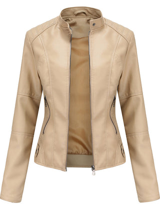 Beige faux leather jacket for women by Christine Brewer, featuring a sleek, modern design with stylish lapels and tailored fit.