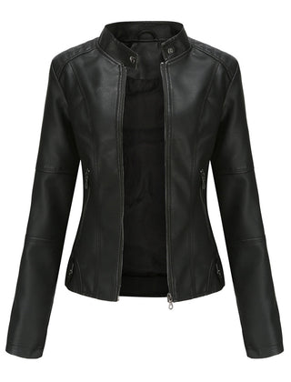 Black faux leather jacket for women by Christine Brewer, featuring a sleek design and modern style.